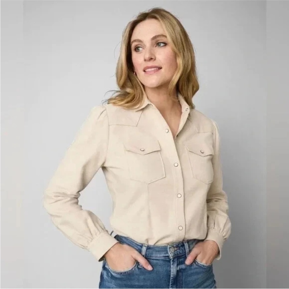 Ladies Untuck It For Her Kaitlin Snap Up Top Tan Cotton Size 6